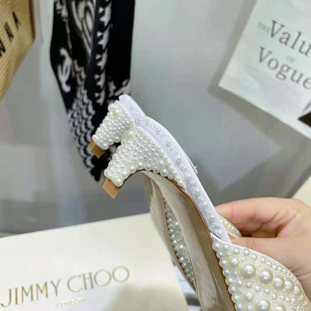 Jimmy Choo Women Samantha 35 White Satin Mules with All-Over Pearls - image 10