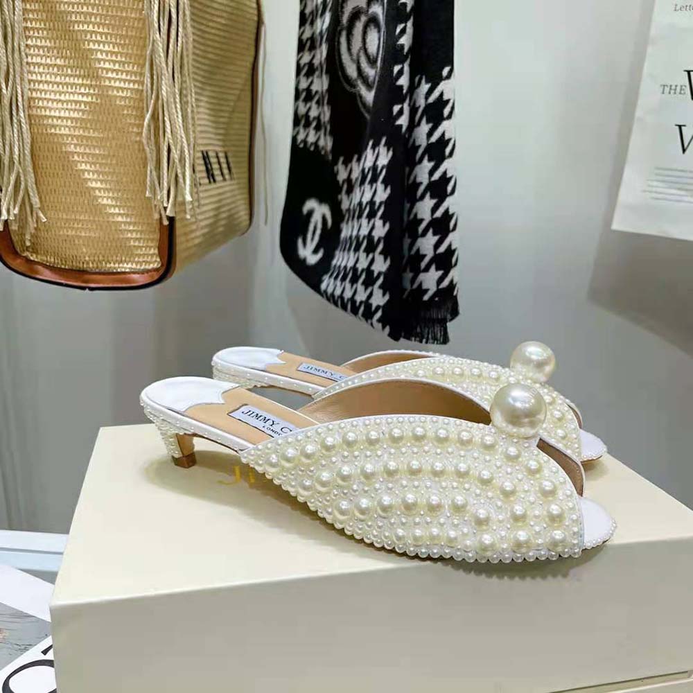 Jimmy Choo Women Samantha 35 White Satin Mules with All-Over Pearls - image 7