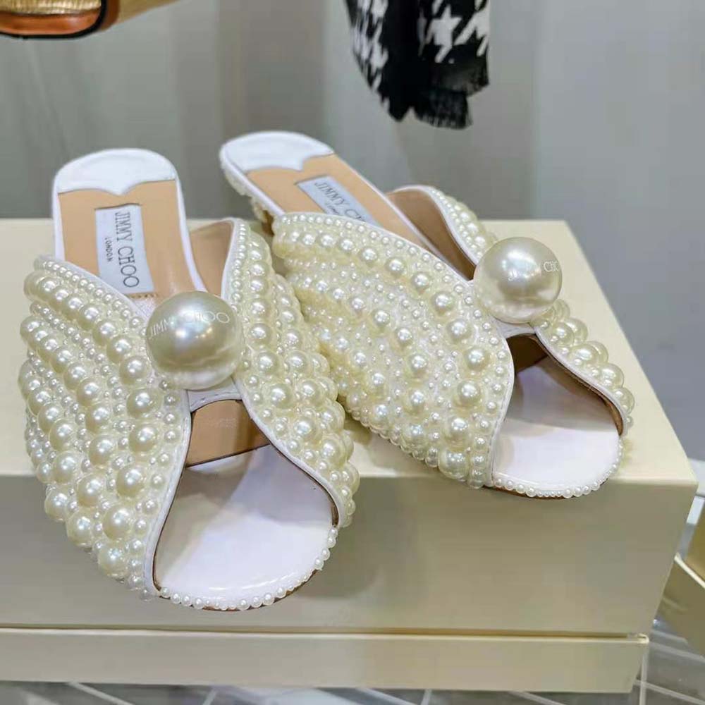 Jimmy Choo Women Samantha 35 White Satin Mules with All-Over Pearls - image 9