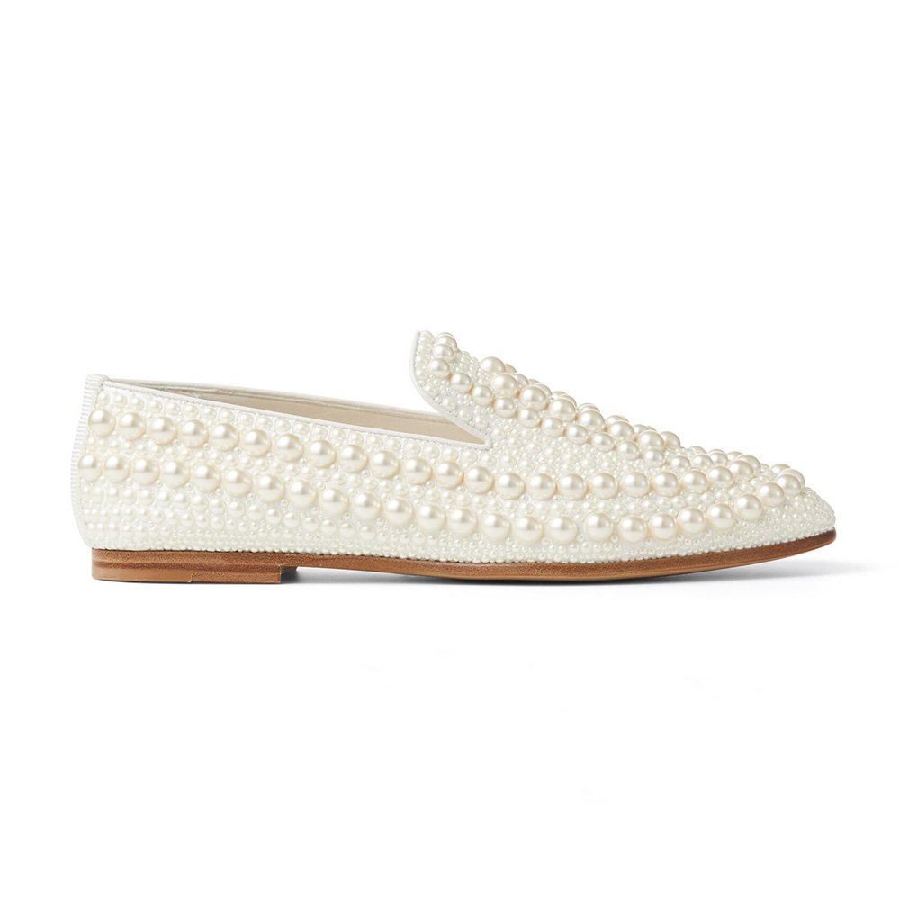 Side view of Jimmy Choo Women Varsha Flat White Satin Flats with pearls