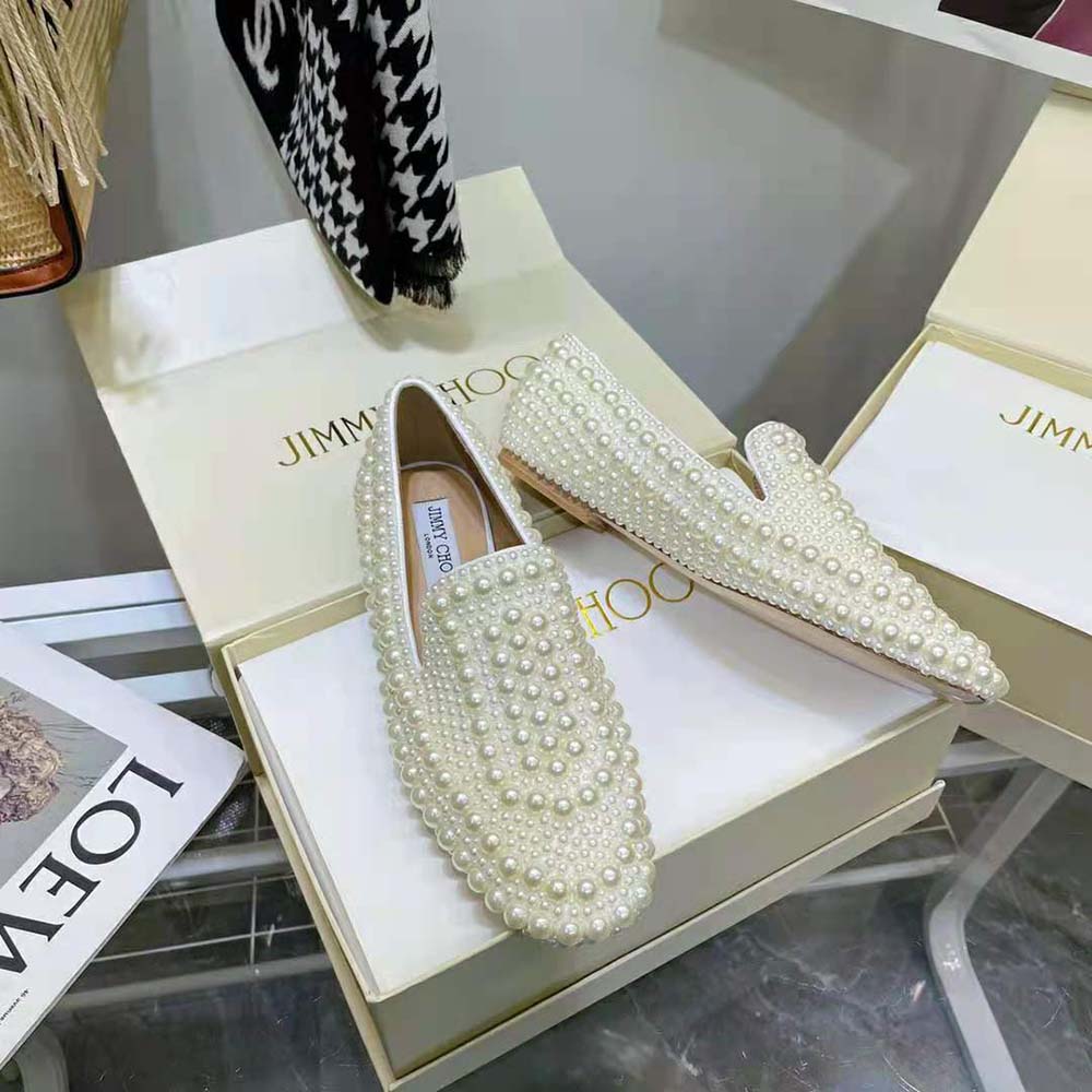 Jimmy Choo Women Varsha Flat White Satin Flats with All-Over Pearl Embellishment - image 7