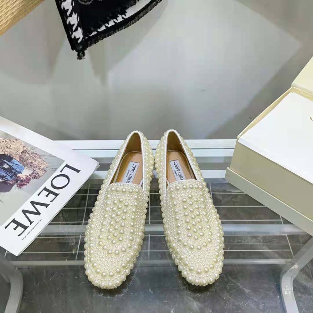 Overhead look at white satin Jimmy Choo Women Varsha Flat with pearls