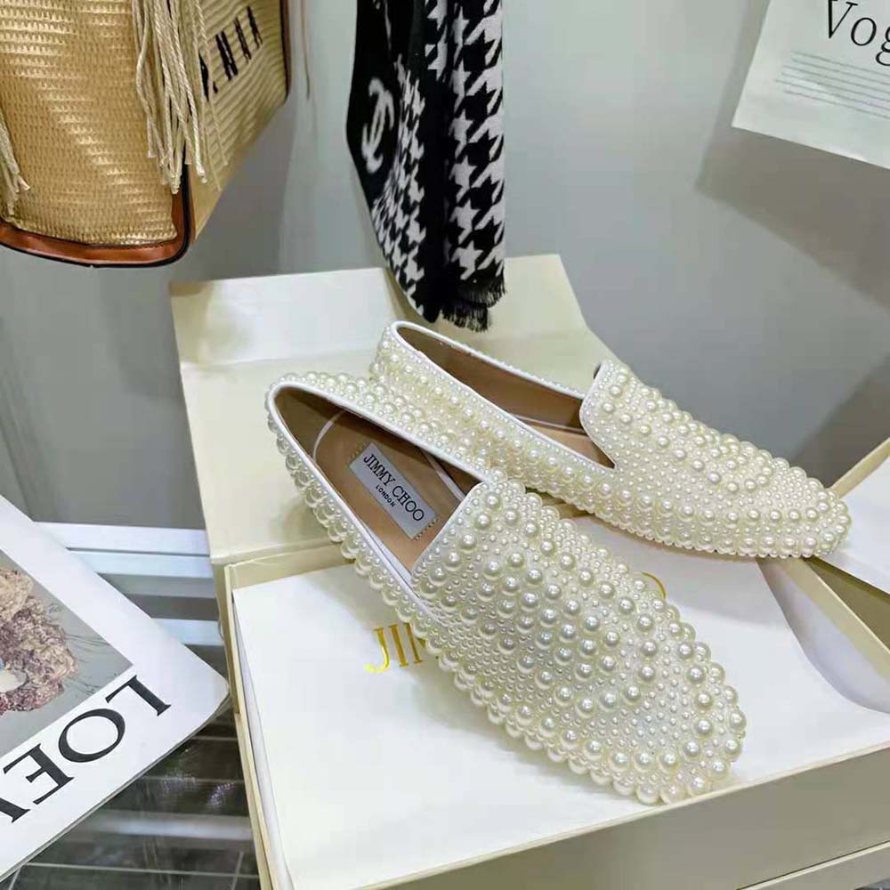 Jimmy Choo Women Varsha Flat White Satin Flats with All-Over Pearl Embellishment - image 6