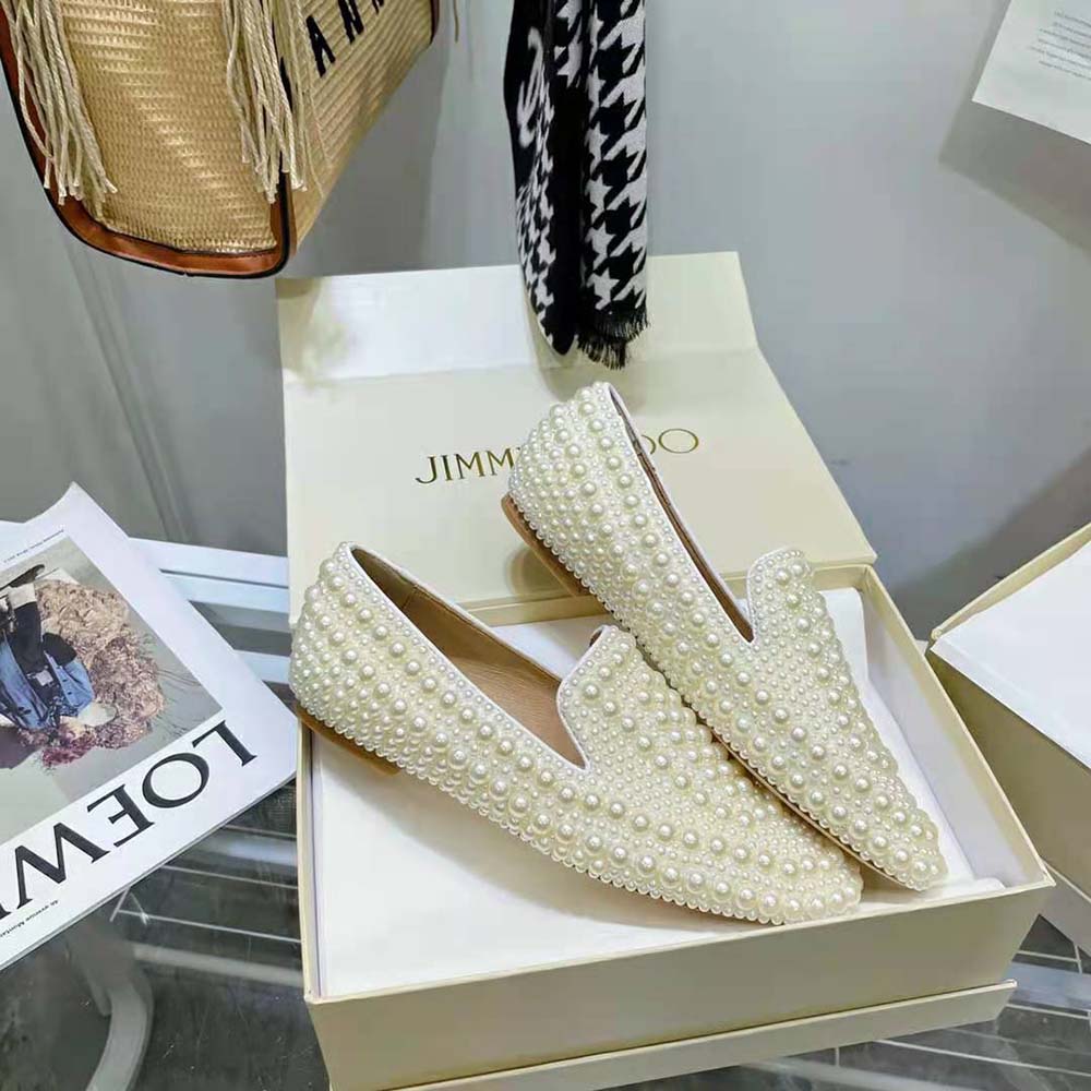 Jimmy Choo Women Varsha Flat White Satin Flats with All-Over Pearl Embellishment - image 5