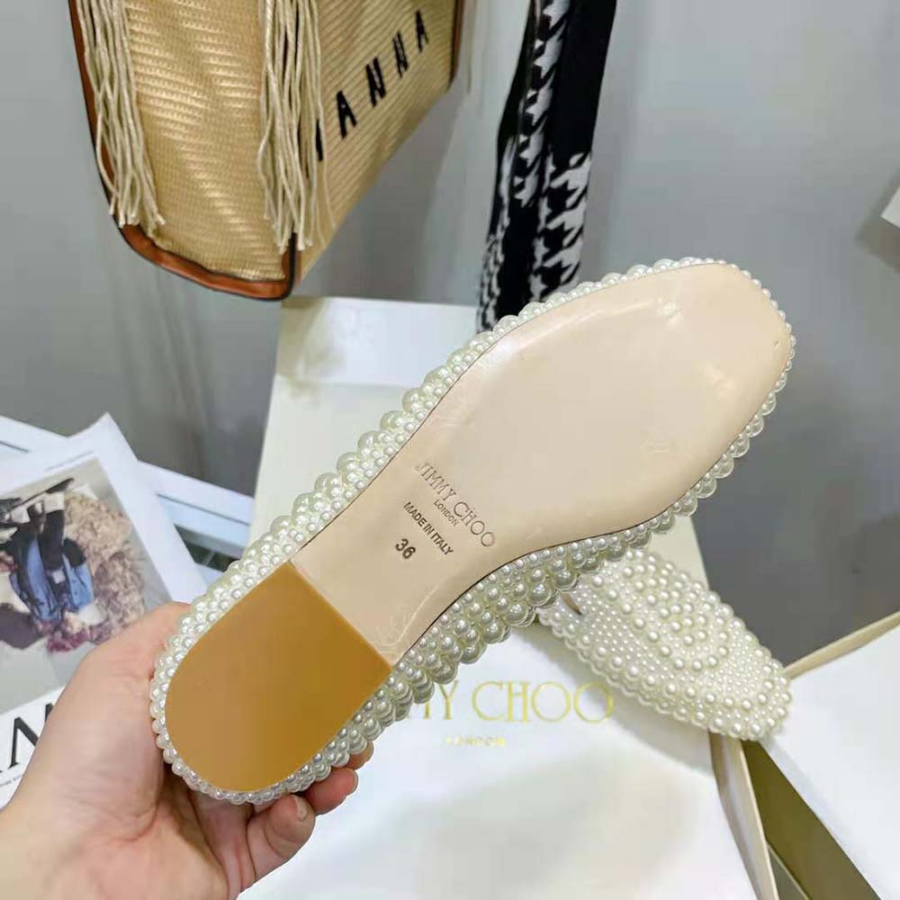 Jimmy Choo Women Varsha Flat White Satin Flats with All-Over Pearl Embellishment - image 8
