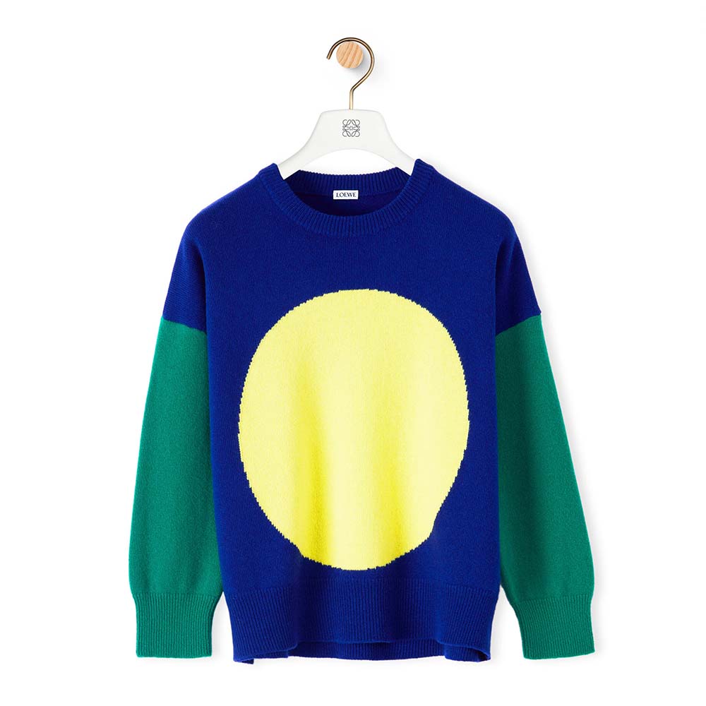 Front view of Loewe Women Circle Intarsia Sweater in Wool blue color