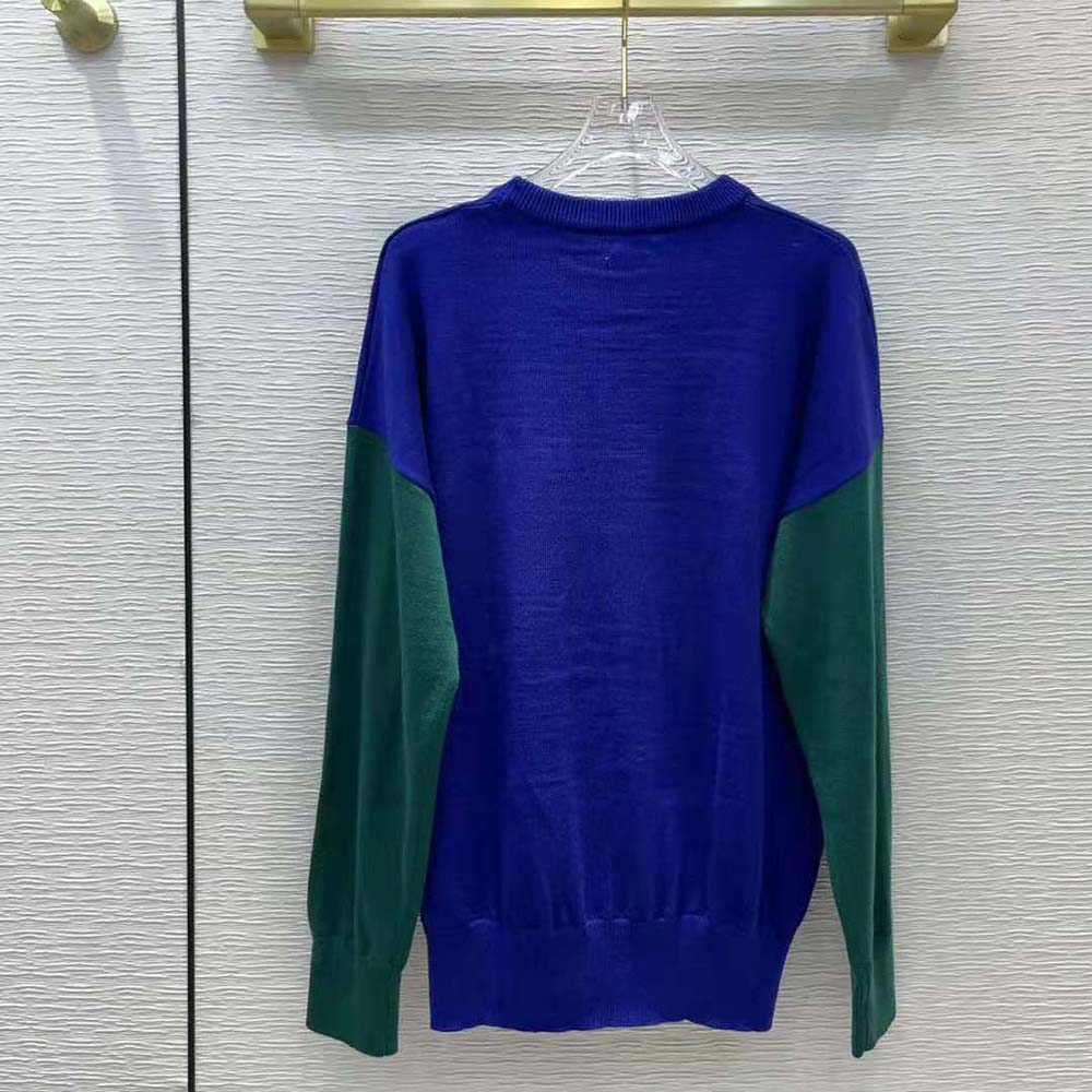 Side angle showing wool texture on Loewe Women Circle Intarsia Sweater in blue