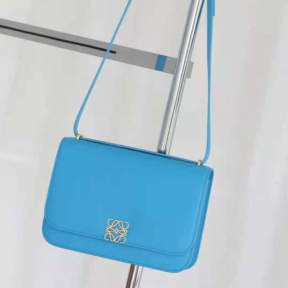 Close-up of magnetic closure and silver hardware on Loewe Women Goya Bag