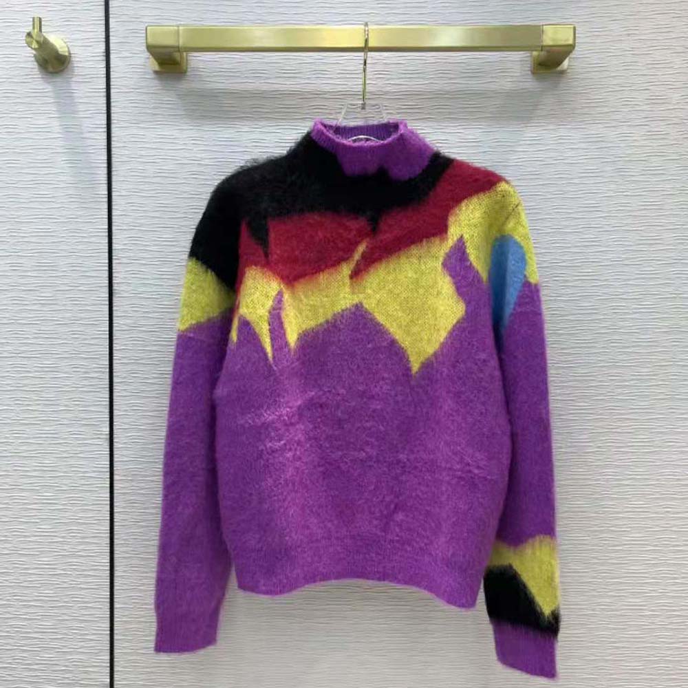 Close-up detail of intarsia knit pattern on Loewe women’s wool sweater