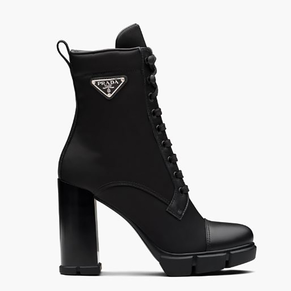 Side profile of Prada Women Brushed Leather and Nylon Booties-Black