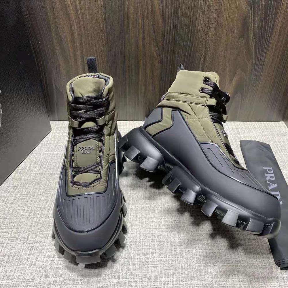 Top view highlighting lace-up closure on Prada Women Cloudbust Thunder Sneakers-Dark Green