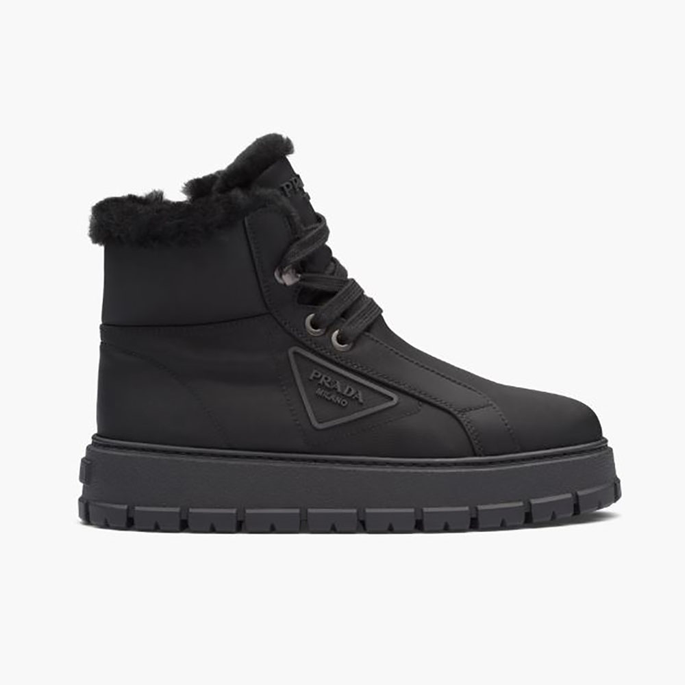 Side profile of Prada Women Nylon Gabardine Lace-up Booties-Black