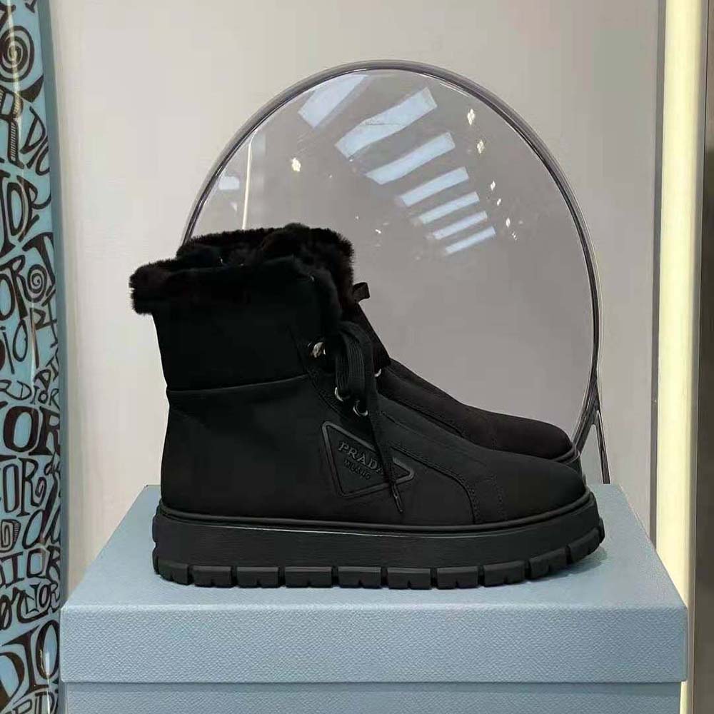 Close-up of lace-up detail on Prada Women Nylon Gabardine Lace-up Booties-Black