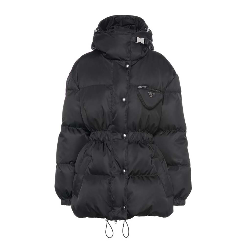 Front view of Prada Women Re-Nylon Down Jacket-Black showcasing sleek design