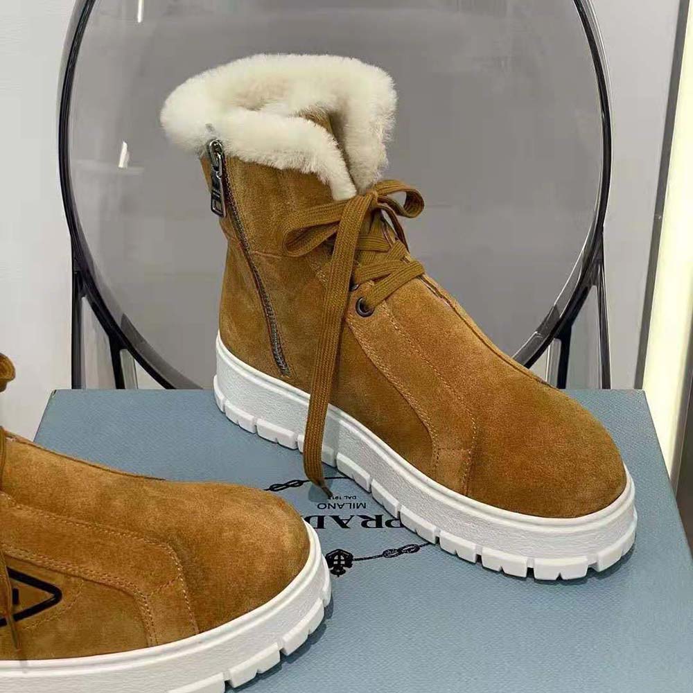 Prada Women Suede Lace-up Booties-Brown - image 9