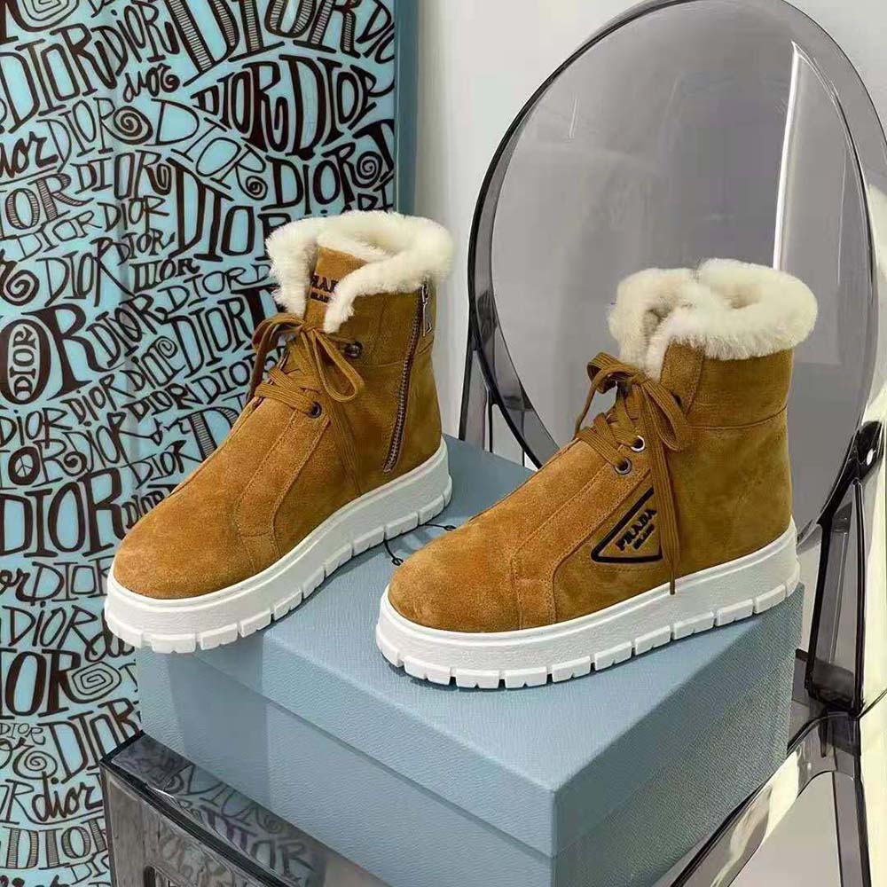 Front view of Prada Women Suede Lace-up Booties-Brown with tied laces