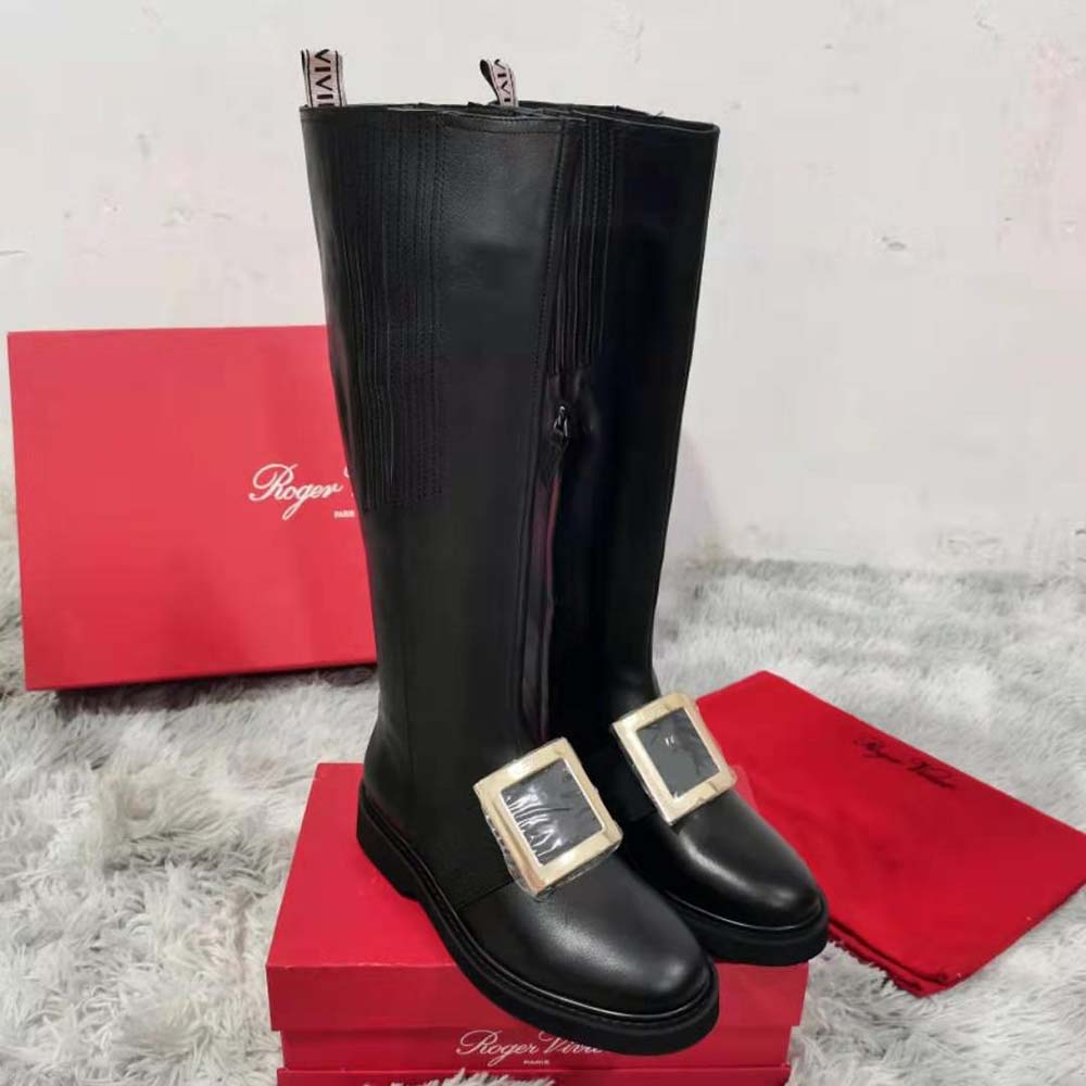 Close-up of silver metal buckle on Roger Vivier Women Rangers Metal Buckle Boots