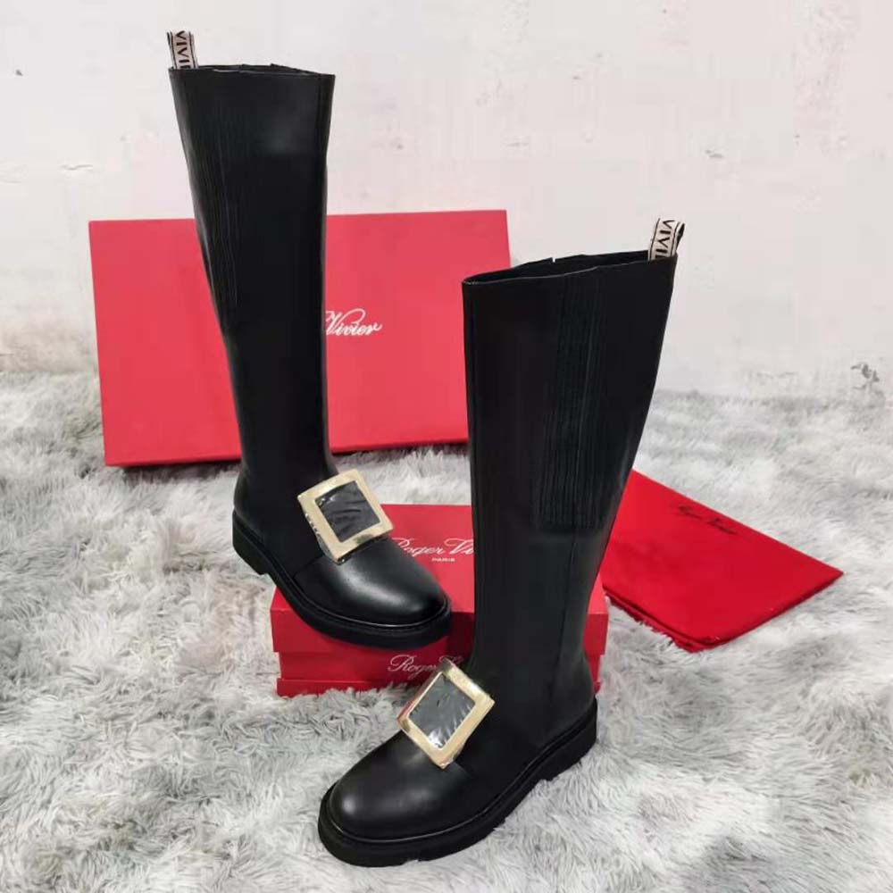 Top view showing leather texture and stitching on Roger Vivier Women Rangers Metal Buckle Boots