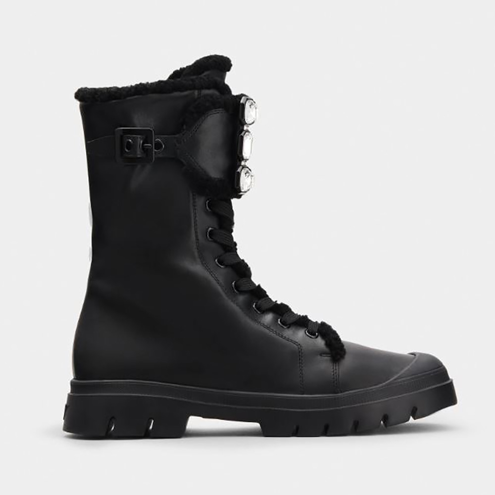 Side profile of Roger Vivier Women Walky Viv’ Shearling Strass Buckle Boots in Leather-Black