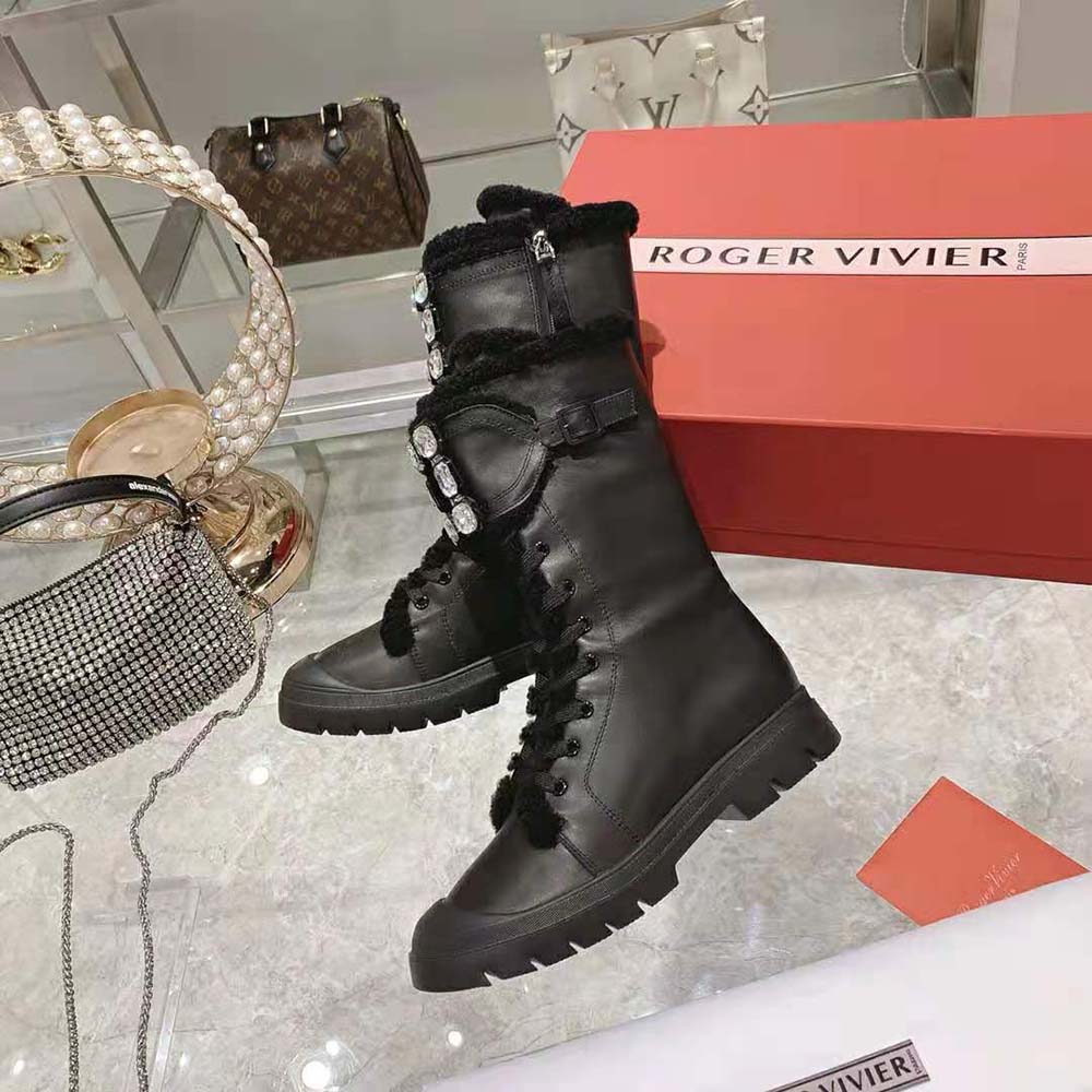 Roger Vivier Women Walky Viv’ Shearling Strass Buckle Boots in Leather-Black - image 4