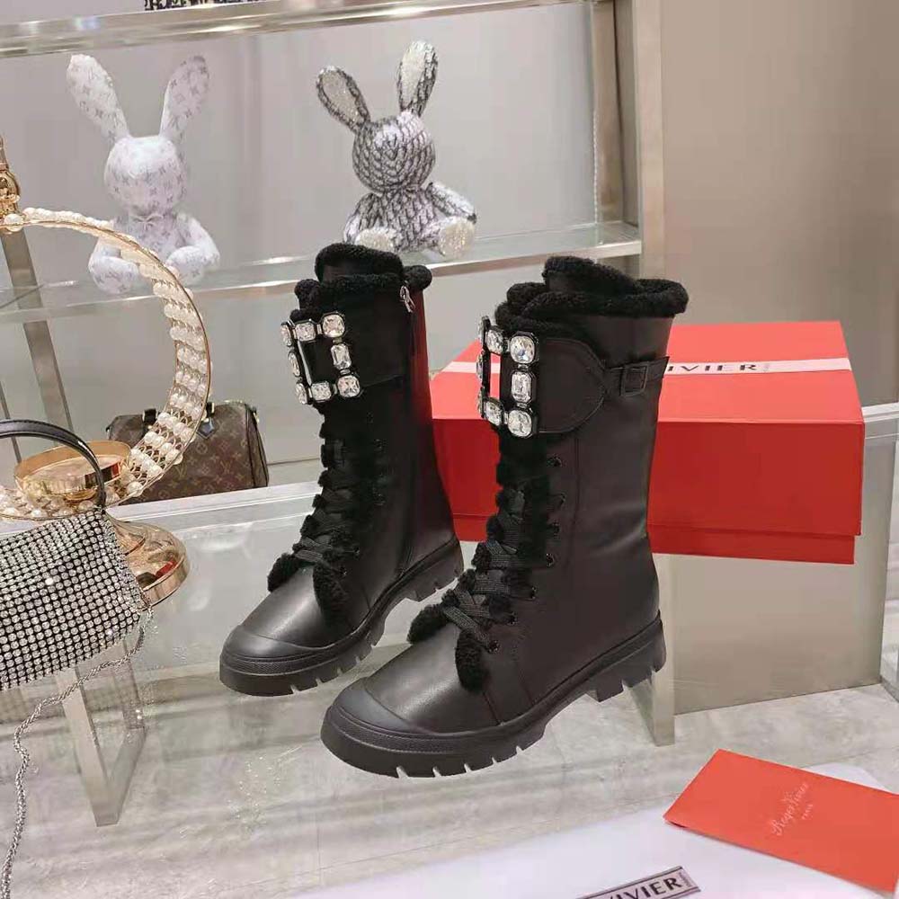 Roger Vivier Women Walky Viv’ Shearling Strass Buckle Boots in Leather-Black - image 5