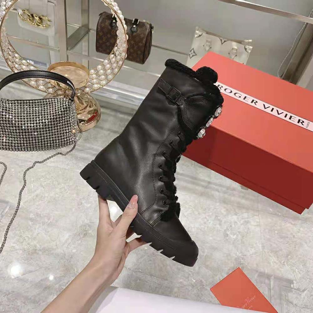 Roger Vivier Women Walky Viv’ Shearling Strass Buckle Boots in Leather-Black - image 7