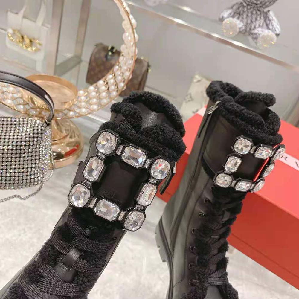 Roger Vivier Women Walky Viv’ Shearling Strass Buckle Boots in Leather-Black - image 9