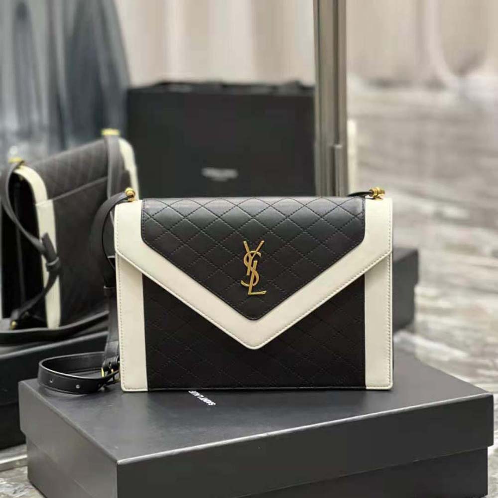 Close-up of gold YSL hardware on the vintage lambskin Gaby Satchel