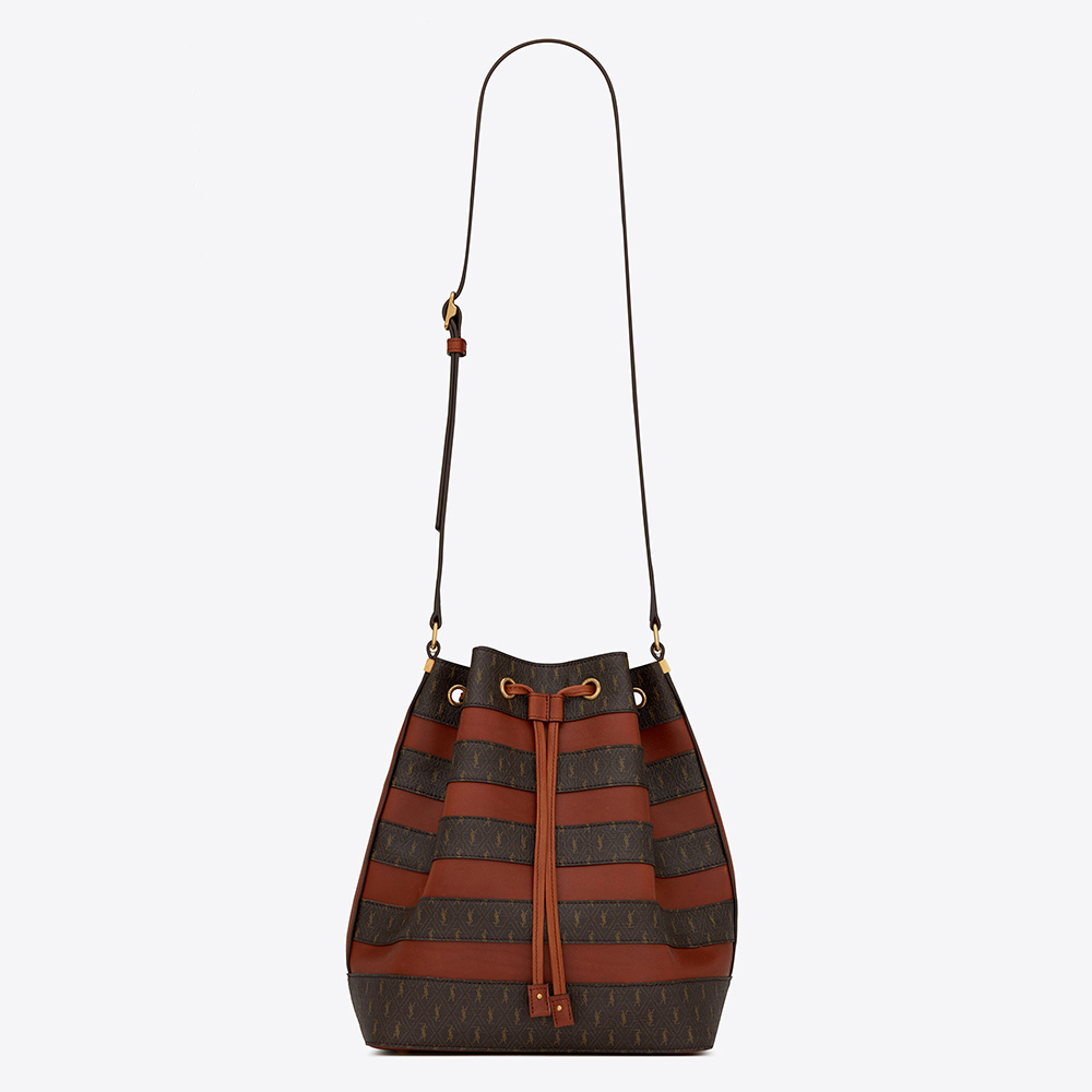 Front view of Saint Laurent YSL Women LE Monogramme Bucket Bag in brown canvas