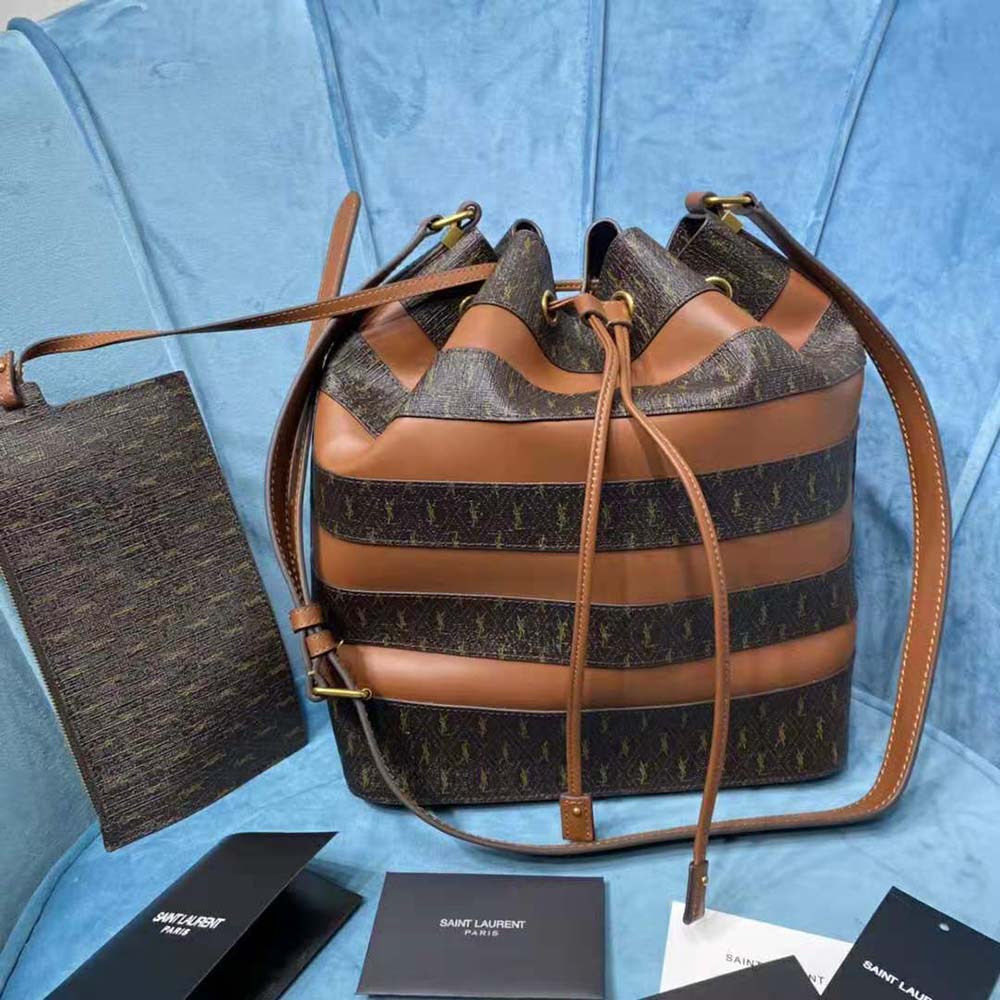Side angle showing drawstring closure on Saint Laurent YSL Women LE Monogramme Bucket Bag