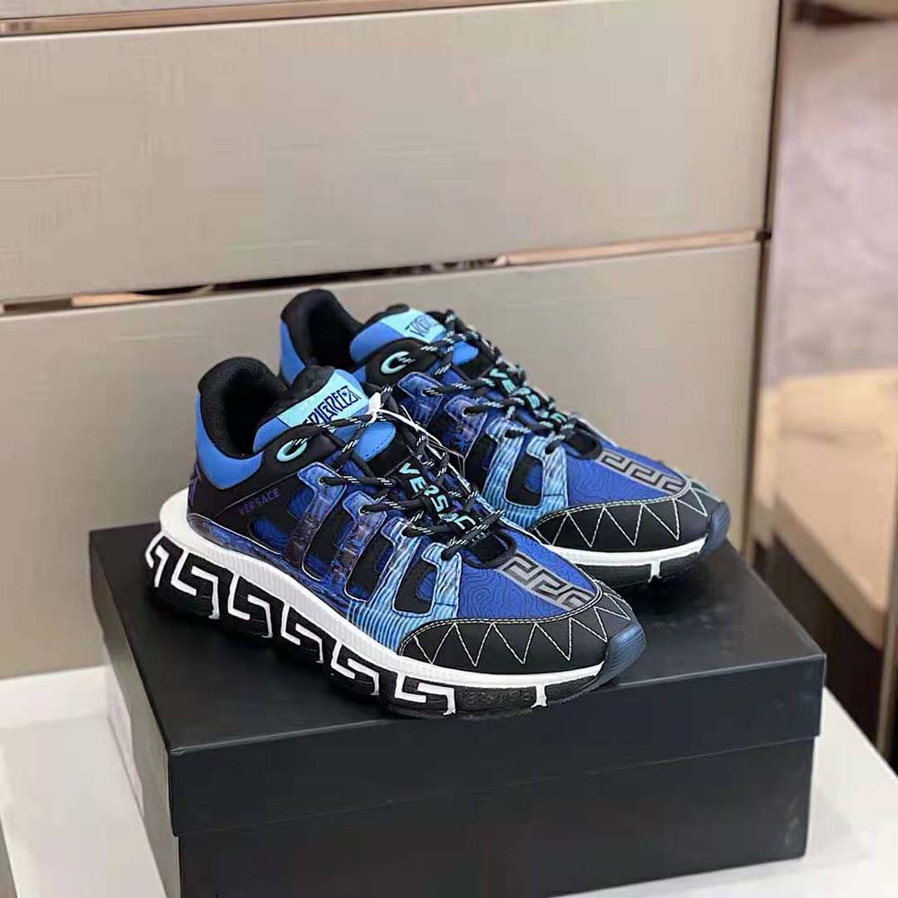 Top-down angle of lace-up and leather texture on Versace Women Trigreca Coveted Sneaker Family-Blue