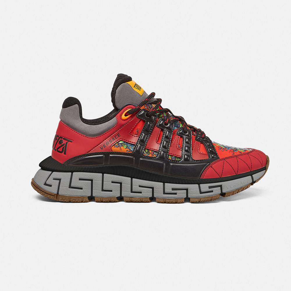 Side profile of Versace Women Trigreca Coveted Sneaker Family-Red in vibrant red