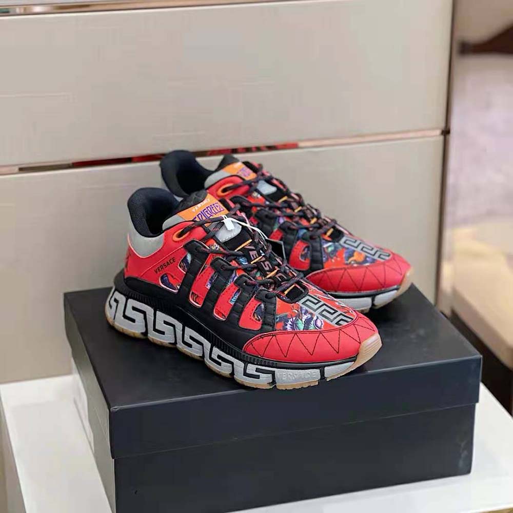 Overhead view showing lace-up detail on Versace Women Trigreca Coveted Sneaker Family-Red