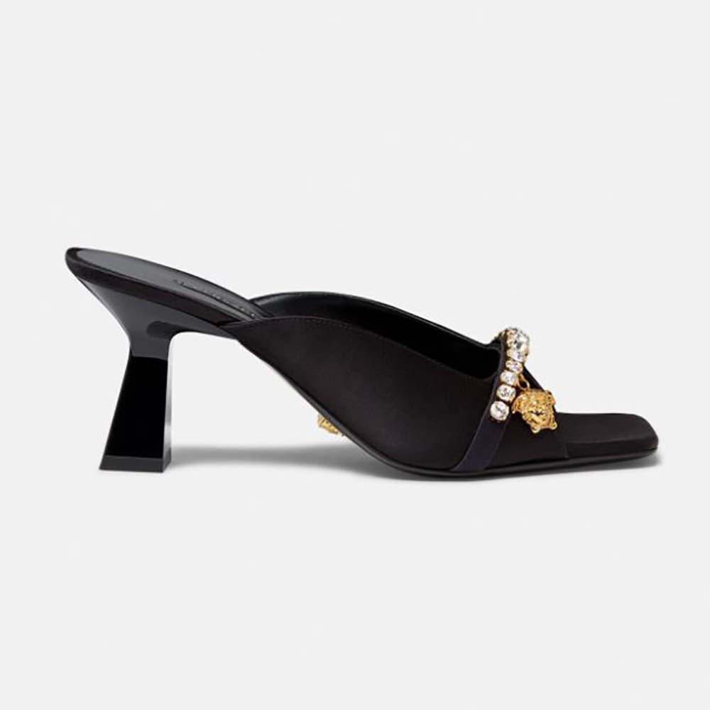 Side view of Versace Women Artifact Mid-Heel Mules-Black showcasing heel and silhouette