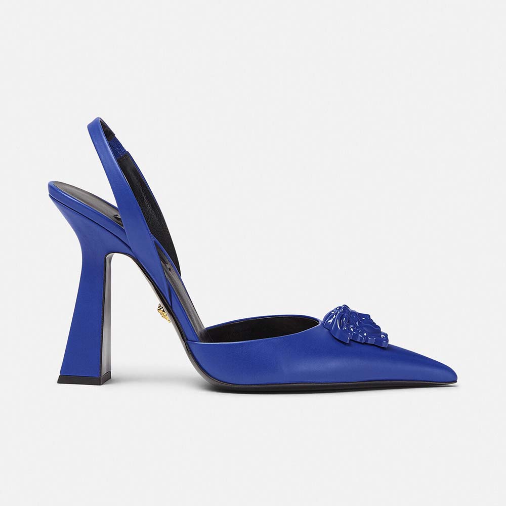 Side view of Versace Women La Medusa Sling-Back Pumps in blue leather