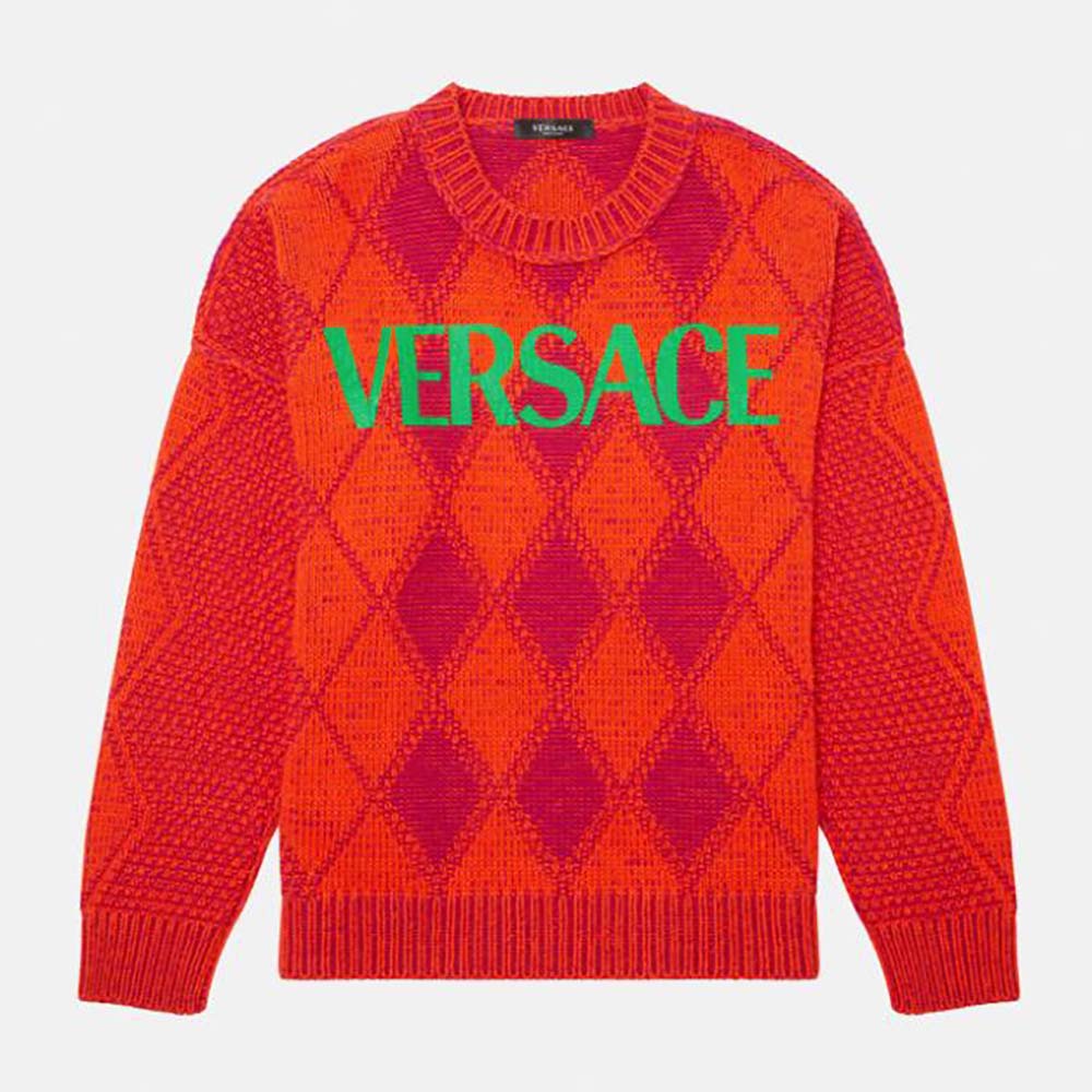 Front view of Versace Women Logo Argyle Wool and Alpaca Sweater in red