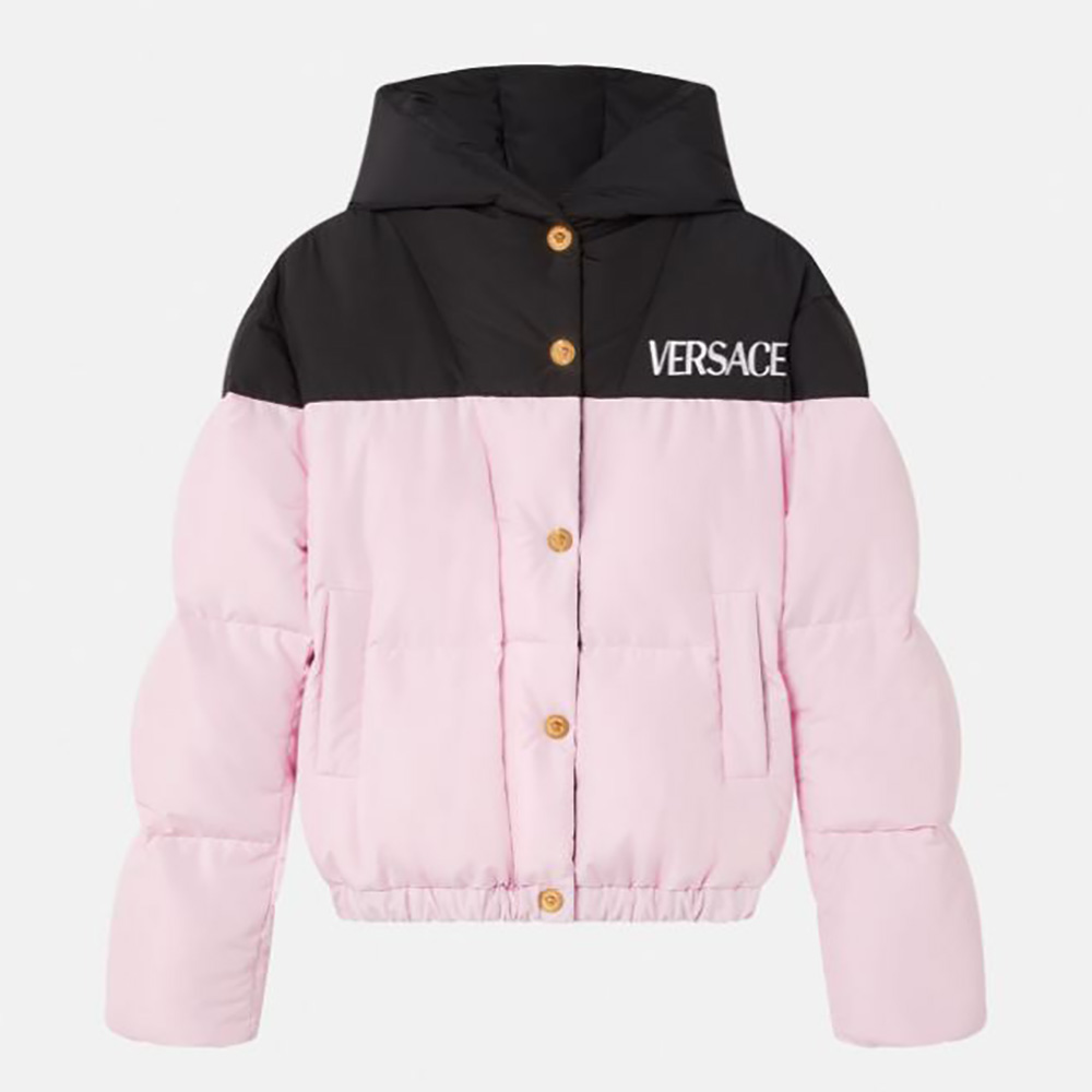 Front view of Versace Women Logo Puffer Jacket-Pink with zipped closure