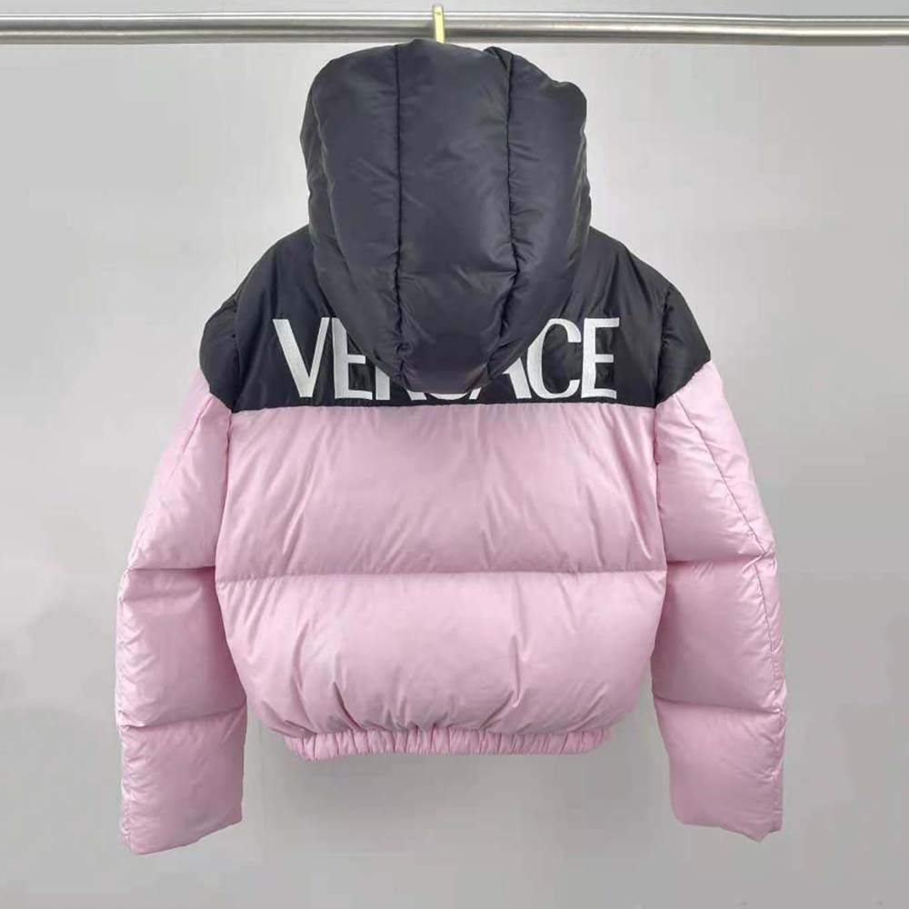 Side profile showing cropped silhouette of Versace Women Logo Puffer Jacket-Pink
