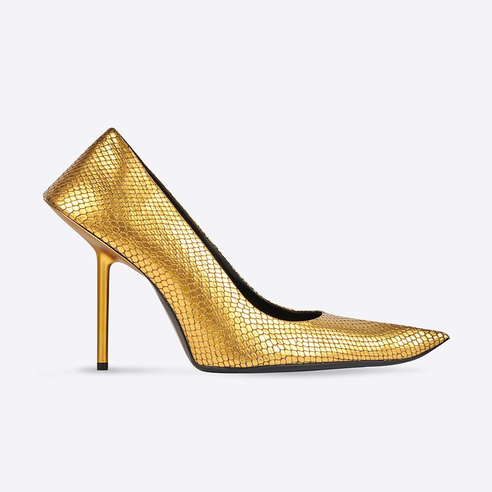 Side view of Balenciaga Women Essex 110mm Pump in Gold Python Effect Calfskin
