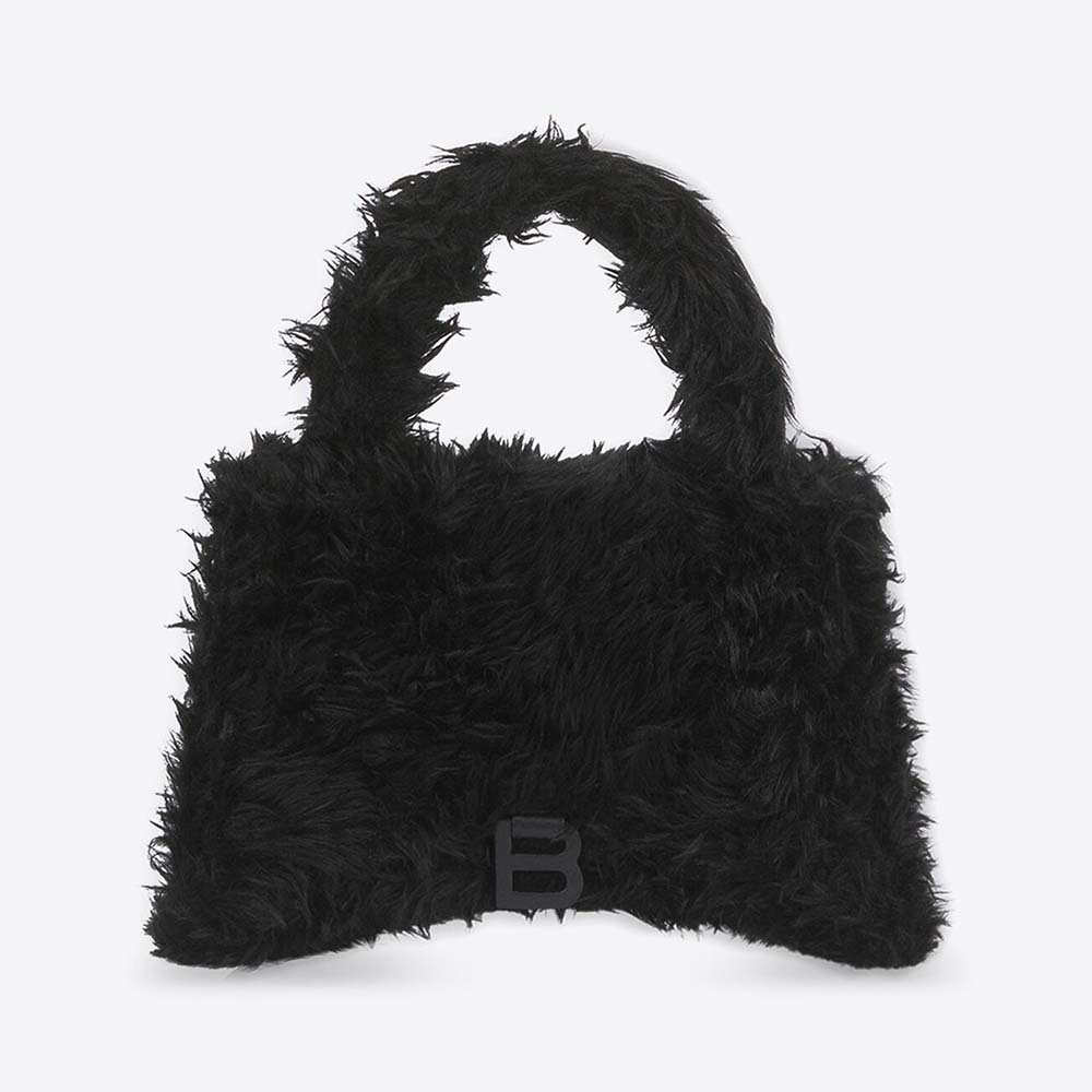 Front angle of Balenciaga Women Fluffy Hourglass Top Handle Bag in black