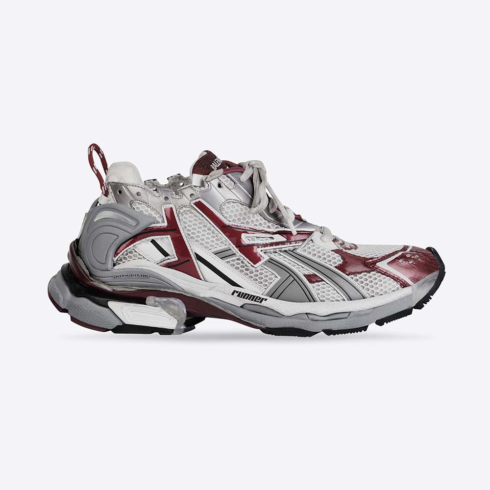 Balenciaga Women Runner Sneaker side view in burgundy mesh and nylon