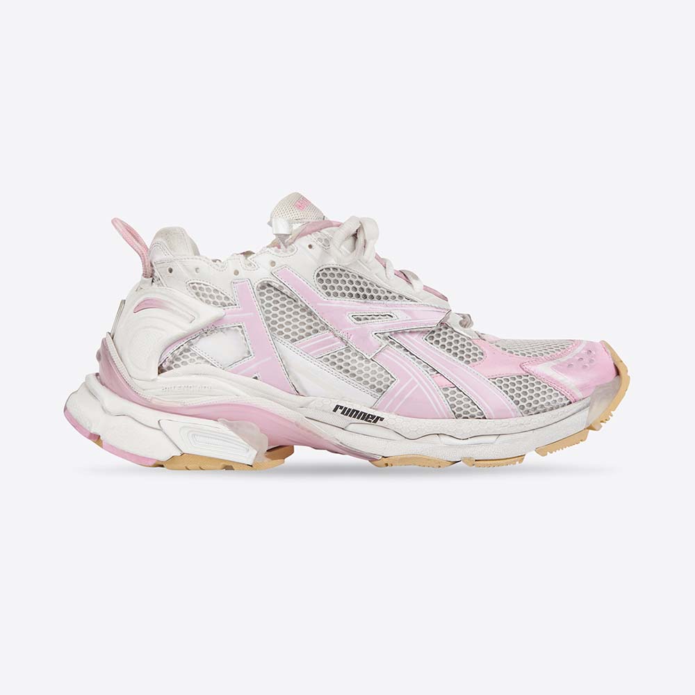 Front angle of Balenciaga Women Runner Sneaker in white mesh and pink nylon