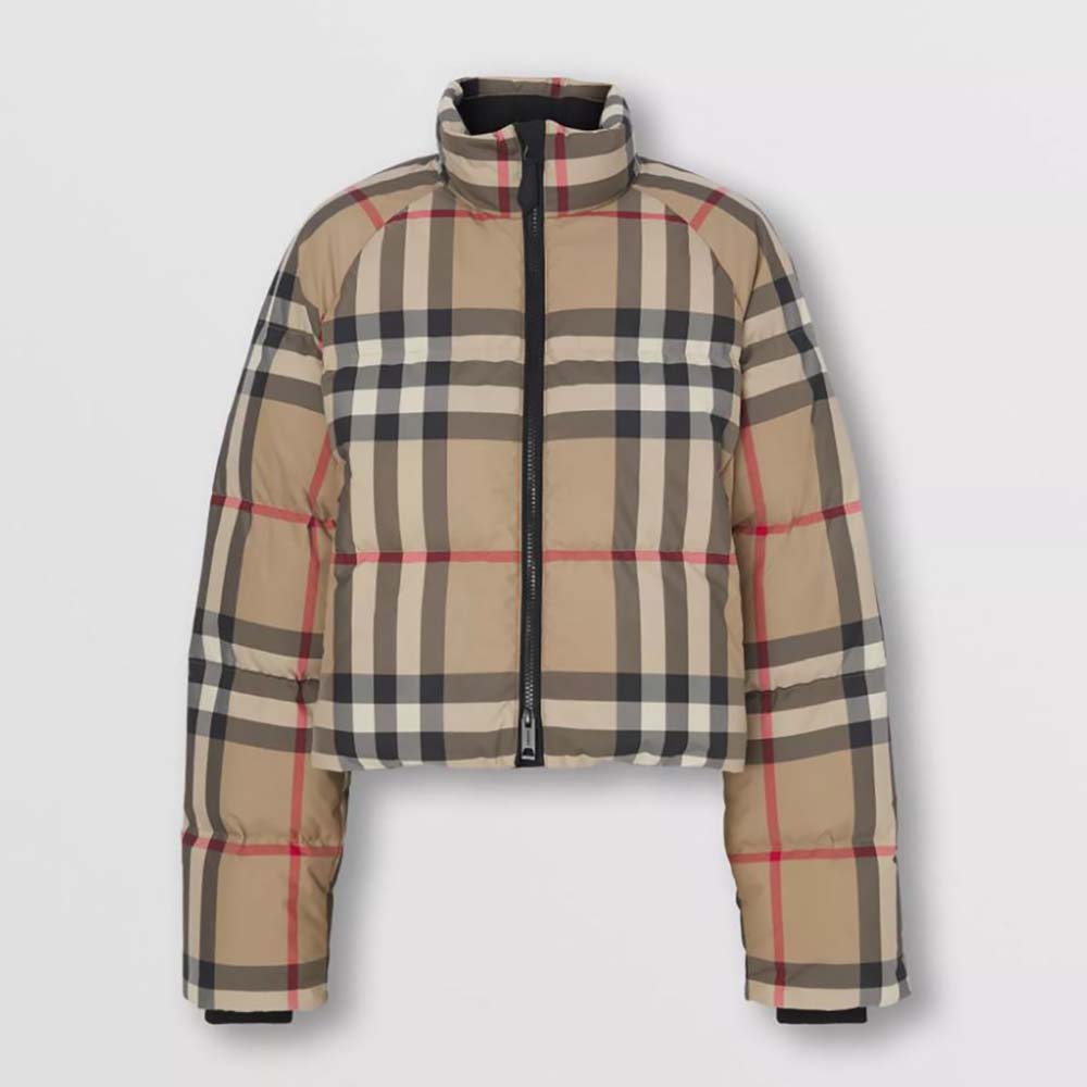 Front view of Burberry Women Check Recycled Polyester Cropped Puffer Jacket in brown