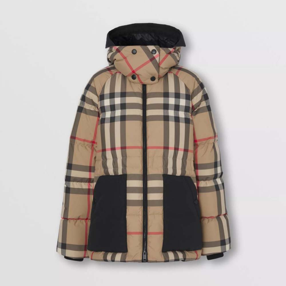 Front view of Burberry Women Detachable Hood Check Recycled Polyester Puffer Jacket in brown