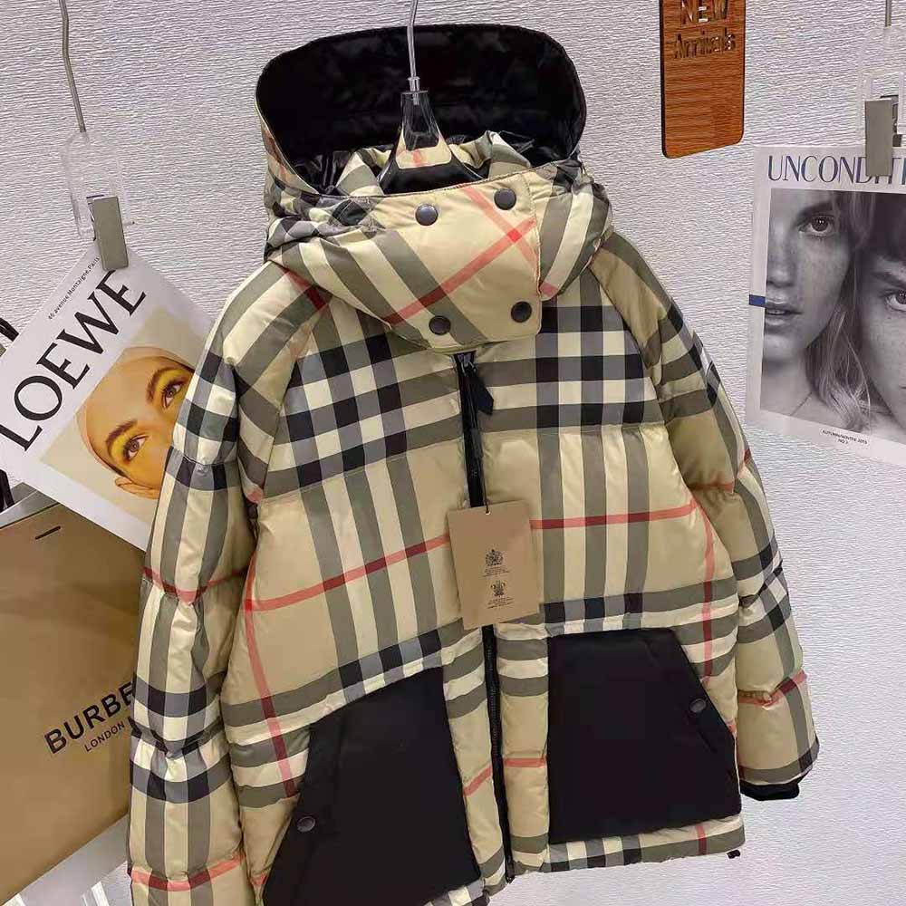 Close-up of signature check detachable hood on Burberry puffer jacket