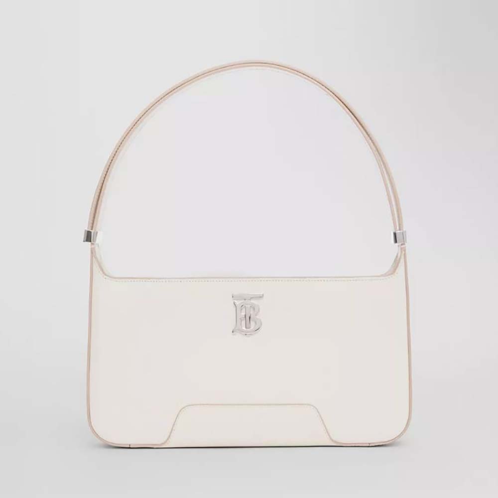 Front view of Burberry Women Leather TB Shoulder Bag-White with gold clasp