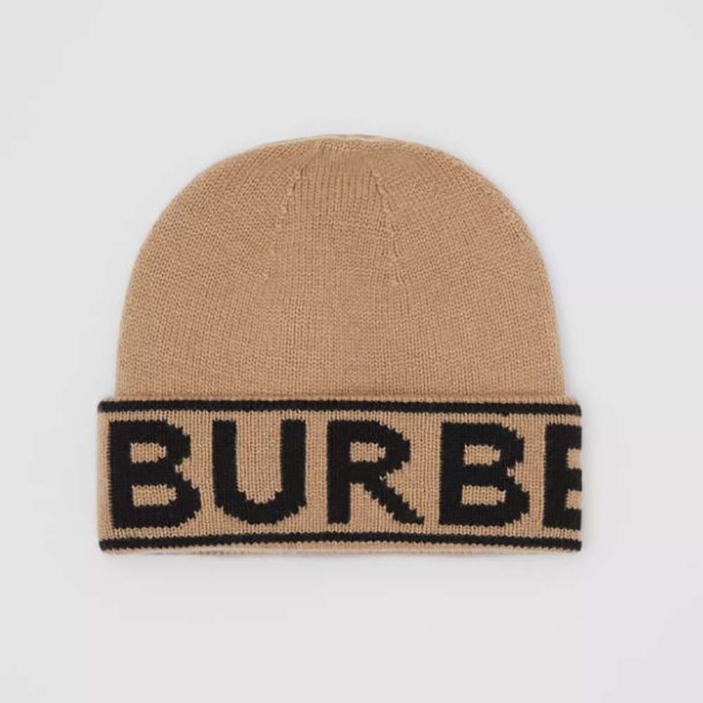 Front view of Burberry Women Logo Intarsia Cashmere Beanie-Brown showing logo detail