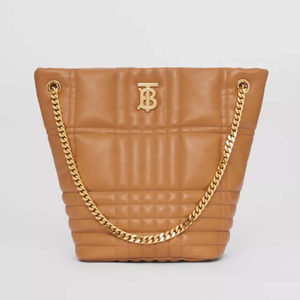 Front view of Burberry Women Medium Quilted Lambskin Lola Bucket Bag-Brown