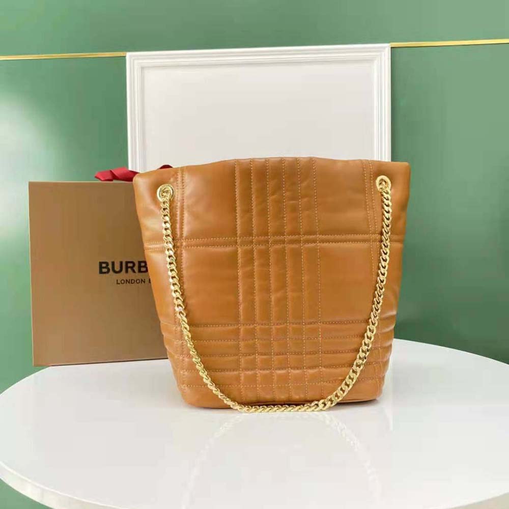 Side profile showing quilted lambskin texture of Burberry bucket bag