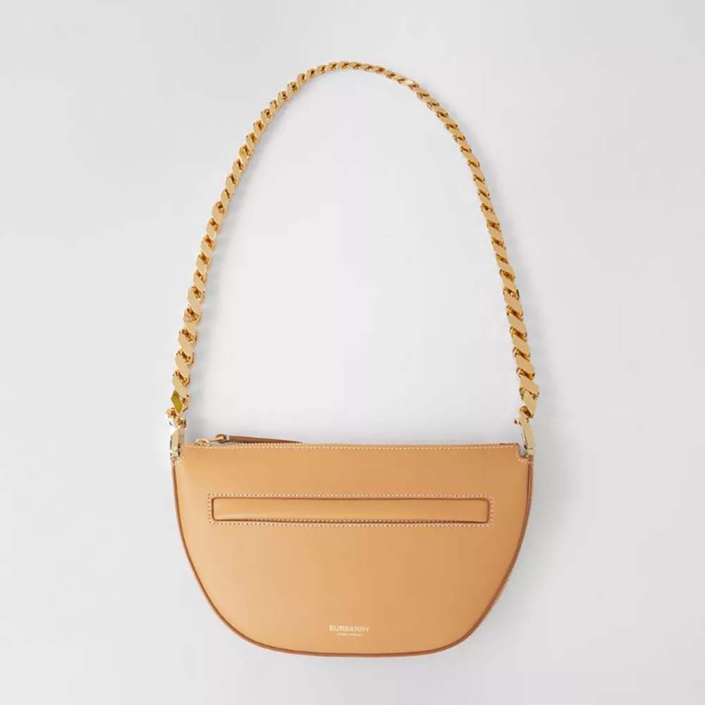 Front angle of Burberry Women Mini Leather Zip Olympia Bag-Brown showing zip closure